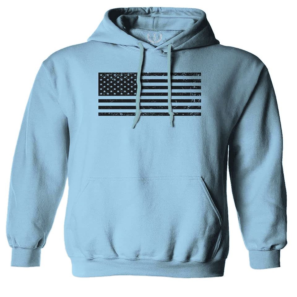 0023. United States of America Vintage American Flag USA us Military Patriotic Style Sweatshirt Pullover Hoodie (Light Blue, Medium)
