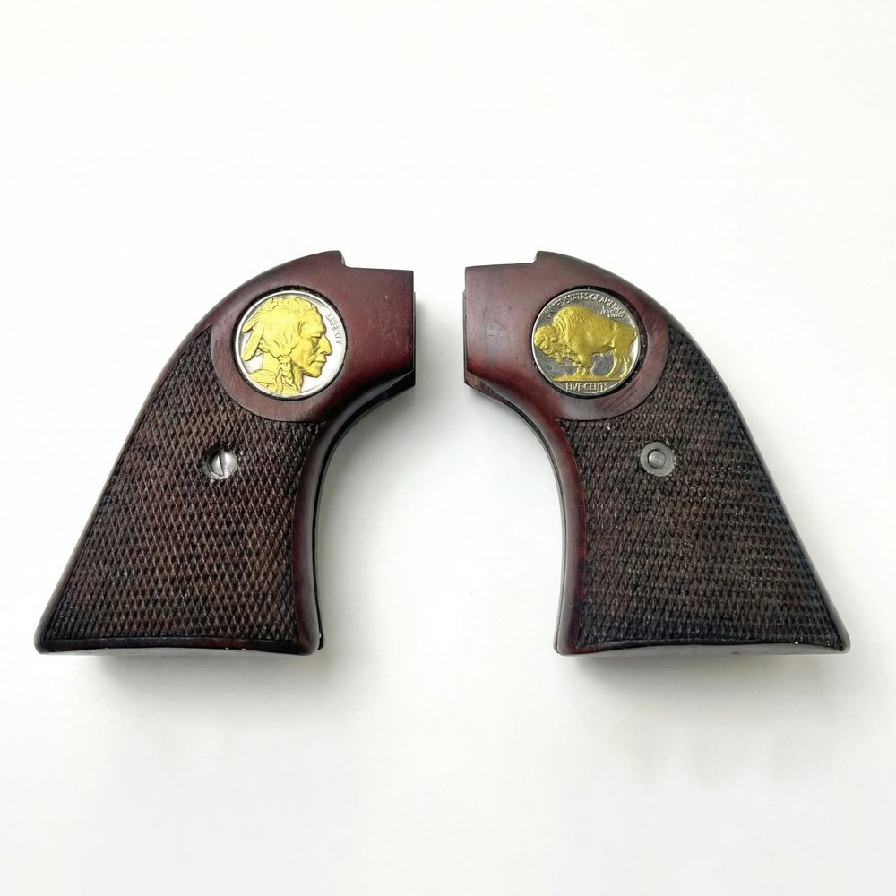 Premium Gun Grips Compatible Replacement Heritage Arms Rough Rider Checkered Rosewood Grips w/24K Gold Plated Buffalo Nickel Coin fits .22 & .22 mag