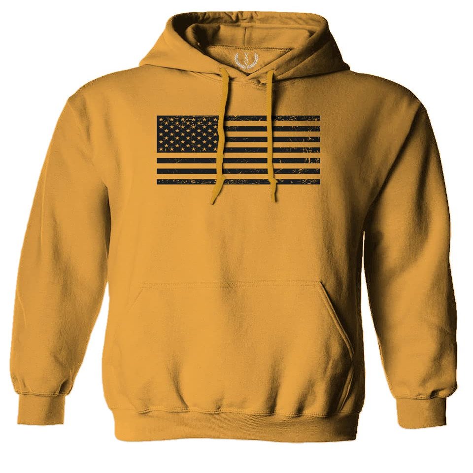 0023. United States of America Vintage American Flag USA us Military Patriotic Style Sweatshirt Pullover Hoodie (Gold, Large)