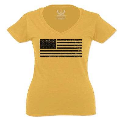 0023. United States of America Vintage American Flag USA us Military Patriotic Style for Women V Neck Fitted T Shirt (Gold Medium)