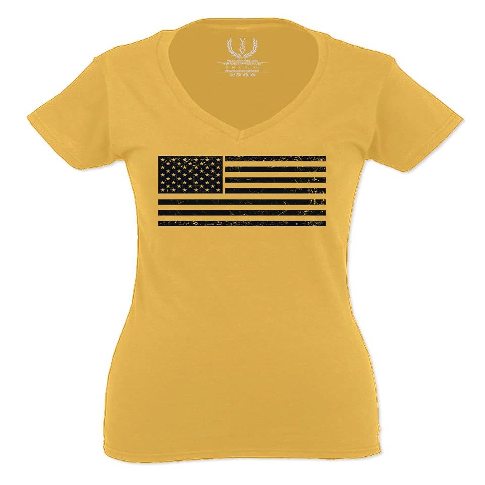 0023. United States of America Vintage American Flag USA us Military Patriotic Style for Women V Neck Fitted T Shirt (Gold Medium)