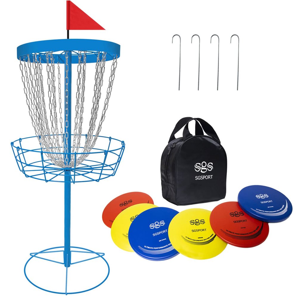 Disc Golf Basket with Discs | Portable Disc Golf Target with Heavy Duty 24-Chains Disc Golf Course Basket, Come with 6pcs Discs with Carry Bag - Multi Color Available.