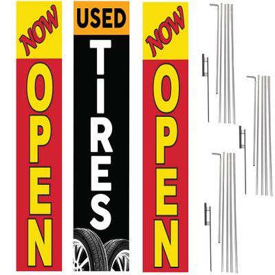 COBB PROMO Now Open Used Tires Advertising Rectangle Boomer Feather Flags Complete Kits with Three Flag Poles and Three Ground Spikes