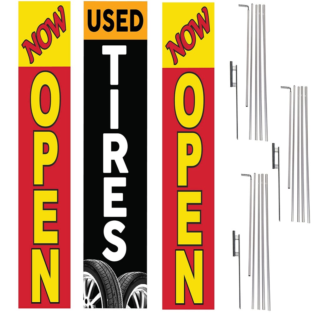 COBB PROMO Now Open Used Tires Advertising Rectangle Boomer Feather Flags Complete Kits with Three Flag Poles and Three Ground Spikes