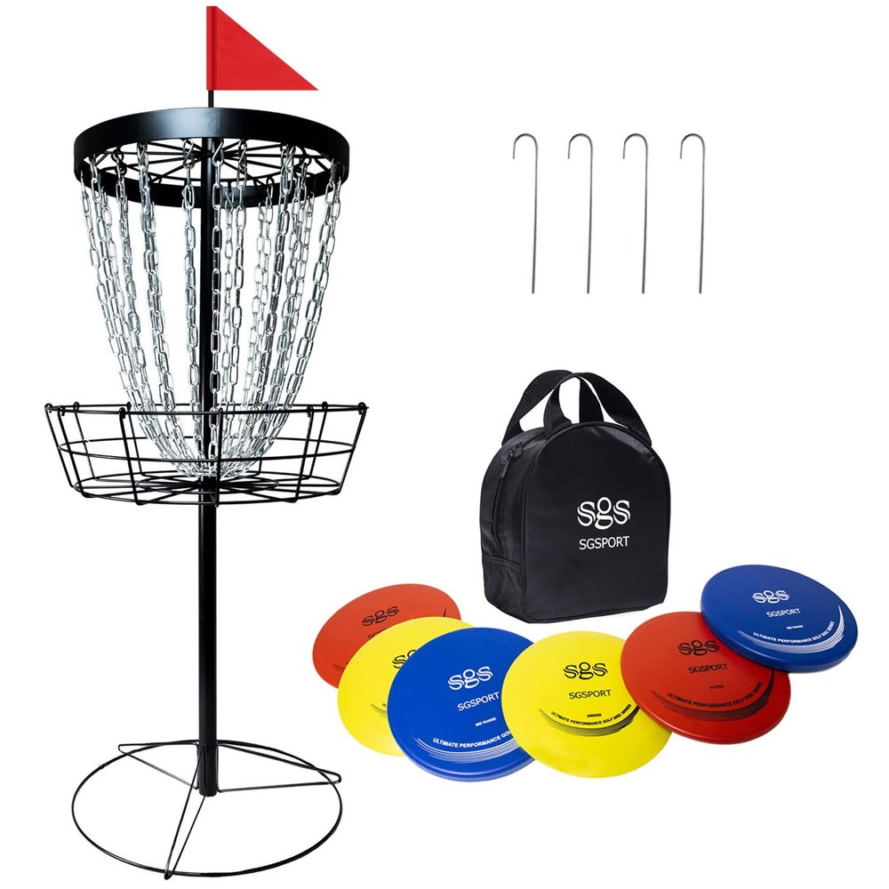 SGSPORT Disc Golf Basket with Discs | Portable Disc Golf Target with Heavy Duty 24-Chains Disc Golf Course Basket, Come with 6pcs Discs with a Handbag - Multi Color Available