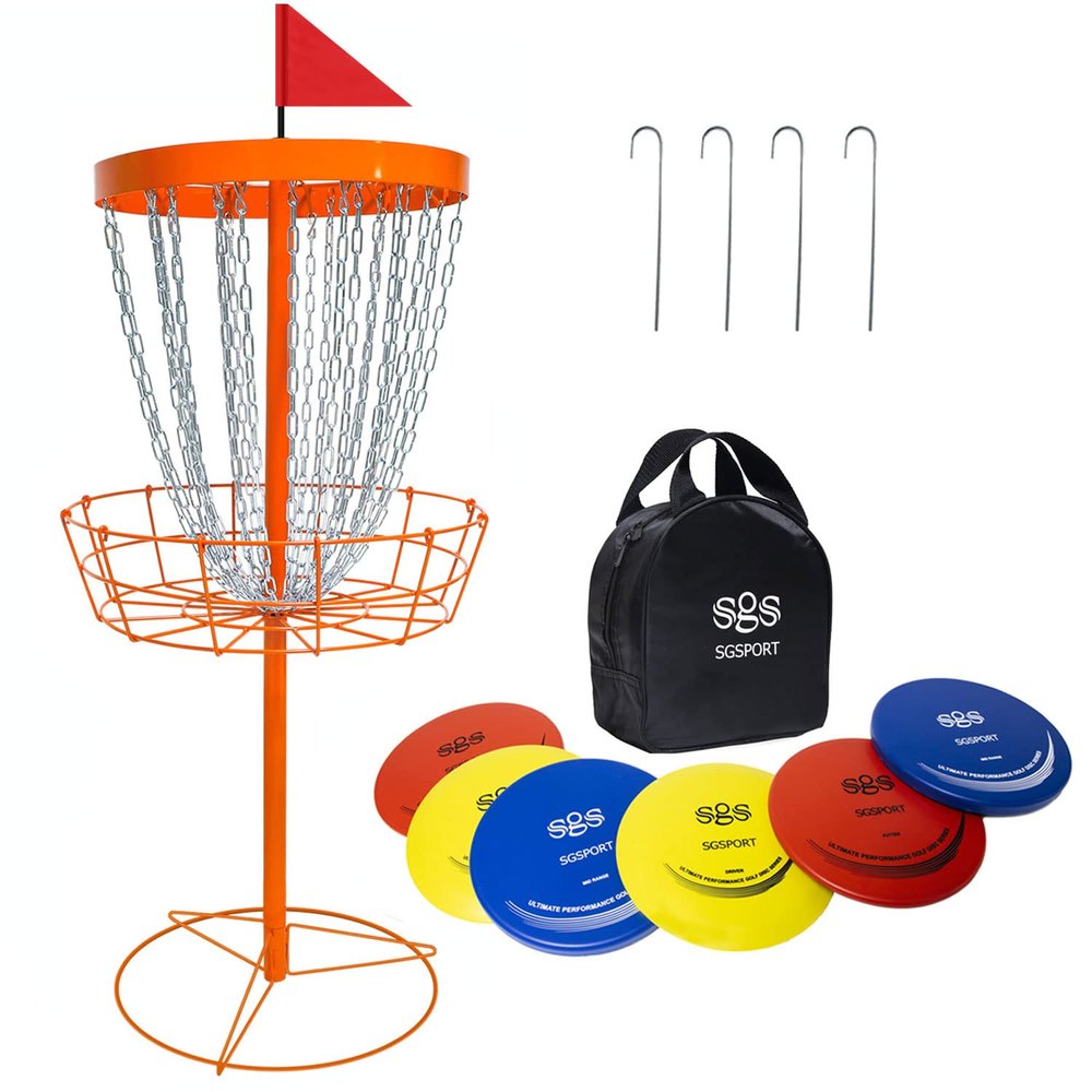 Disc Golf Basket with Discs | Portable Disc Golf Target with Heavy Duty 24-Chains Disc Golf Course Basket, Come with 6pcs Discs with Carry Bag - Multi Color Available.