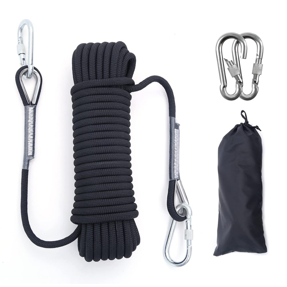 Climbing Rope 10MM Diameter 10M(32ft) 20M(64ft) Static Rock Climbing Rope,Tree Climbing Rappelling Rope,Escape Nylon Rope,Ice Climbing Equipment Outdoor Fire Rescue Parachute Rope with 2 Steel Hooks