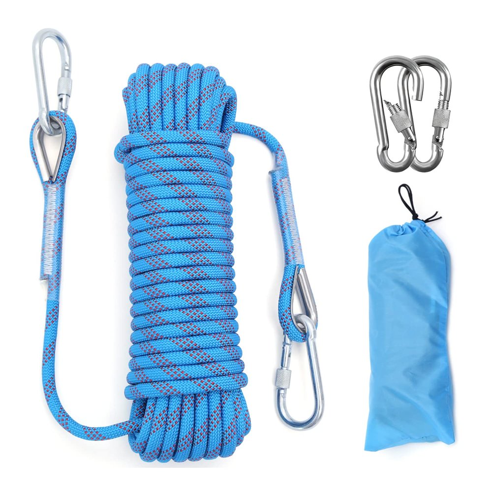 Climbing Rope 10MM Diameter 10M(32ft) 20M(64ft) Outdoor Static Rock Climbing Rope,Tree Climbing Rappelling Rope,Escape Nylon Rope,Ice Climbing Equipment Fire Rescue Parachute Rope with 2 Steel Hooks