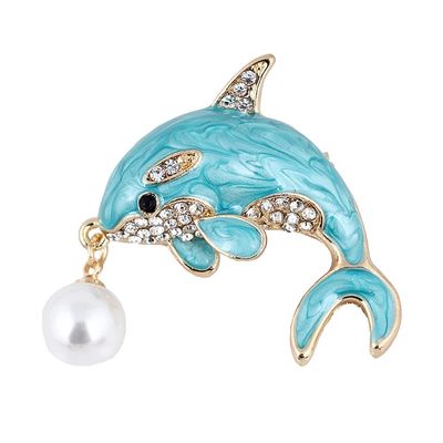 Happyyami Dolphin Brooch Men Women Pearl Breastpin Animal brooches pin Rhinestones Clothing Accessories Birthday Corsage Jewelry (Blue)