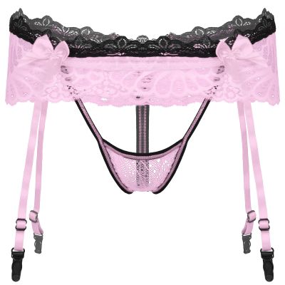 Alvivi Mens Sissy Lingerie Crossdressing Skirted Panties Low Rise T-Back G-String Briefs with Garter Belt Pink One Size