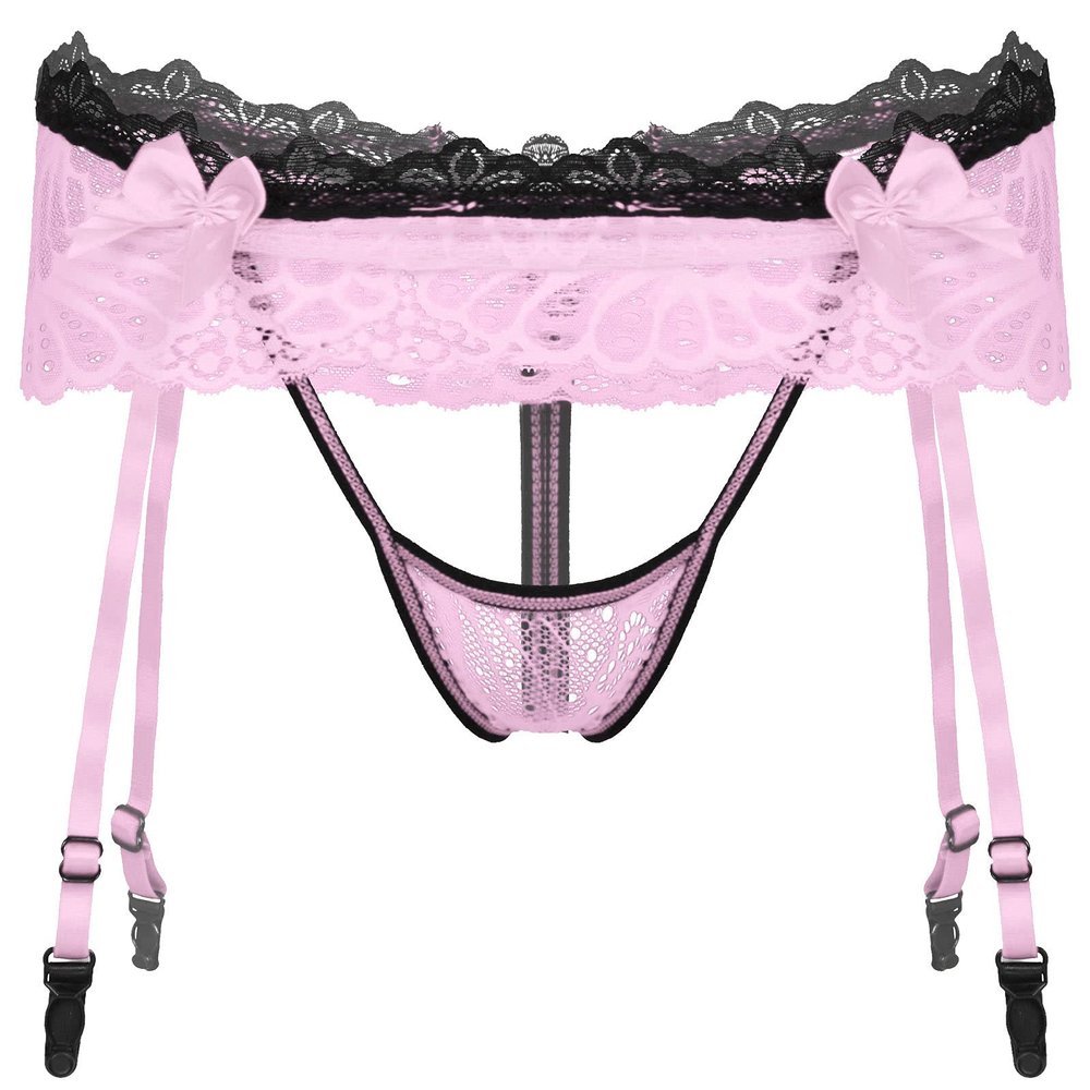 Alvivi Mens Sissy Lingerie Crossdressing Skirted Panties Low Rise T-Back G-String Briefs with Garter Belt Pink One Size