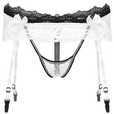 Alvivi Mens Sissy Lingerie Crossdressing Skirted Panties Low Rise T-Back G-String Briefs with Garter Belt White One Size