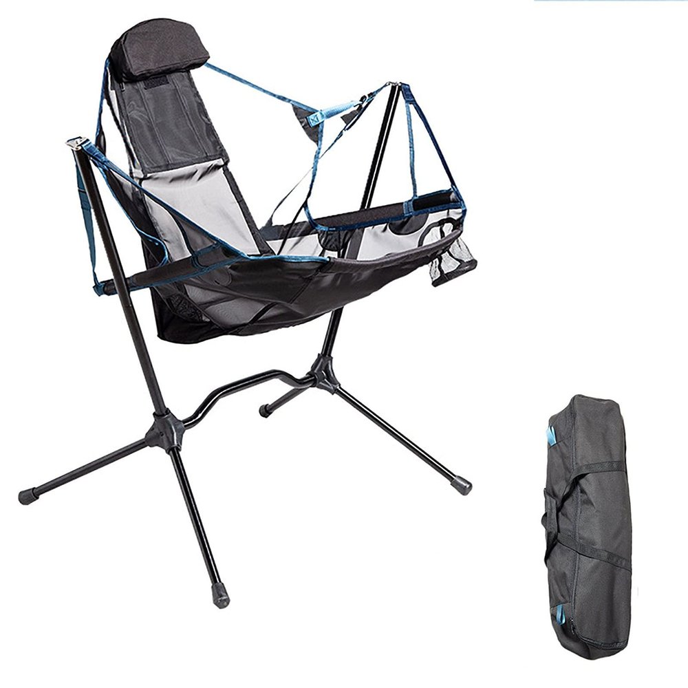 BaiTTang Folding Swing Chair - Free Rocking, Support up to 330lbs, Outdoor Camping Recliner Low Chair with Pillow with Carry Bag, for Fishing,Travel, Beach, Picnic (Color : Blue)