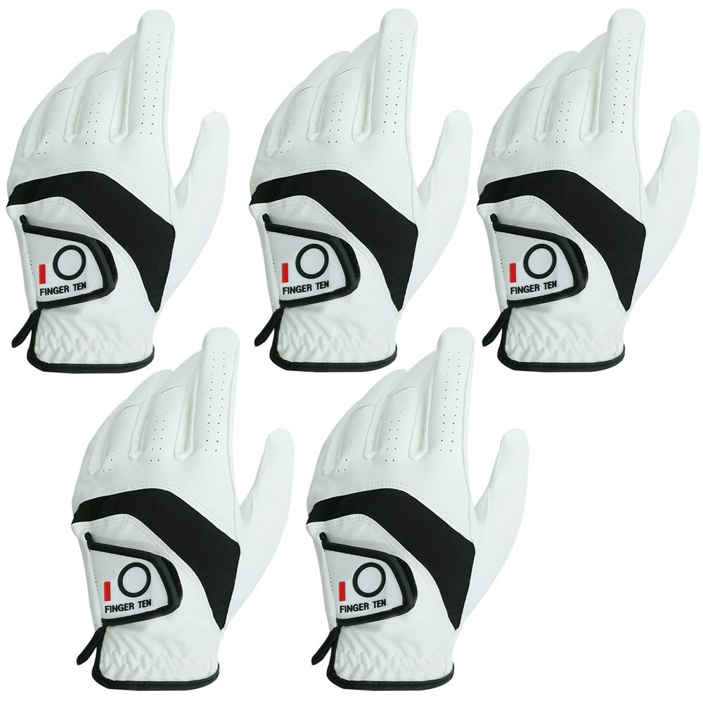 FINGER TEN Golf Gloves Men Value 5 Pack for Left Right Hand, Comfortable Soft & All Weather Grip Mens Golf Glove, Sizes S M ML L XL XXL 3XL (White(Men Gloves), Medium/Large(Worn On Left Hand))