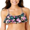 California Waves Juniors' Burgandy Wildflower Printed Flounce Bikini Top, Black Multi L view 1