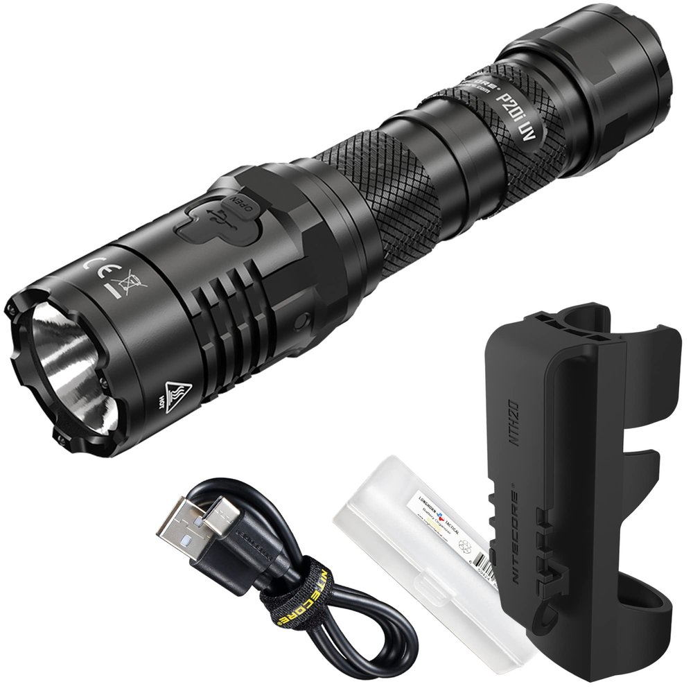 Nitecore P20i UV 1800 Lumen USB-C Rechargeable Tactical Flashlight with UV Ultraviolet Black Light and LumenTac Organizer