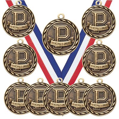 10 Pack of Principal's Award Gold Medals Trophy Award with Neck Ribbons MA