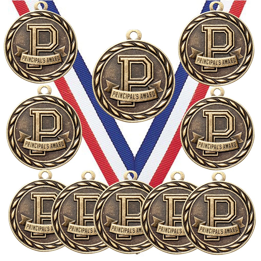 10 Pack of Principal's Award Gold Medals Trophy Award with Neck Ribbons MA