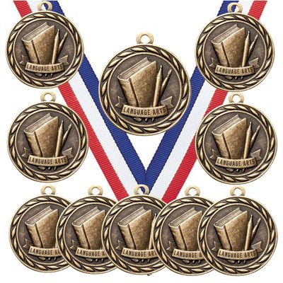 10 Pack of Language Arts Gold Medals Trophy Award with Neck Ribbons MA