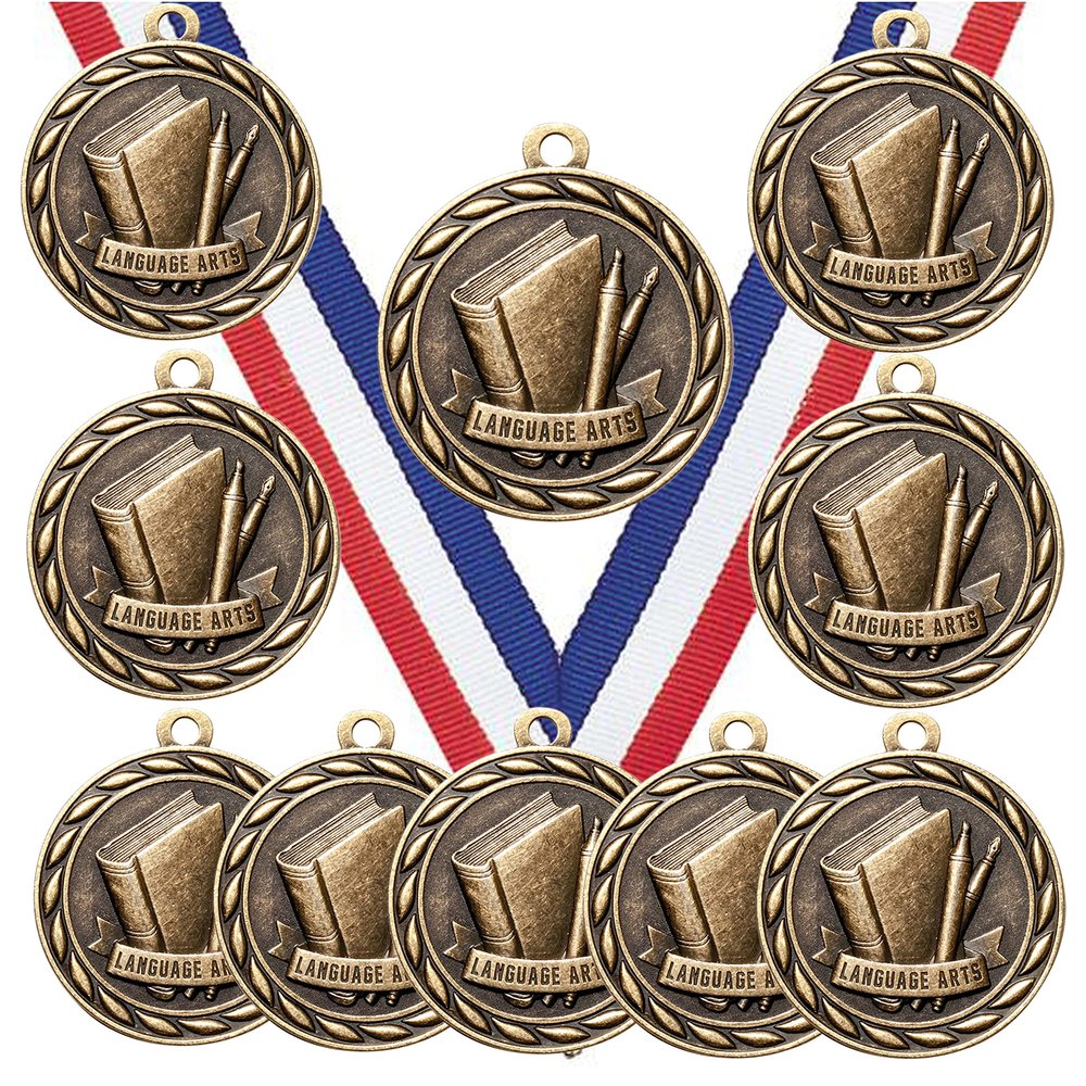 10 Pack of Language Arts Gold Medals Trophy Award with Neck Ribbons MA
