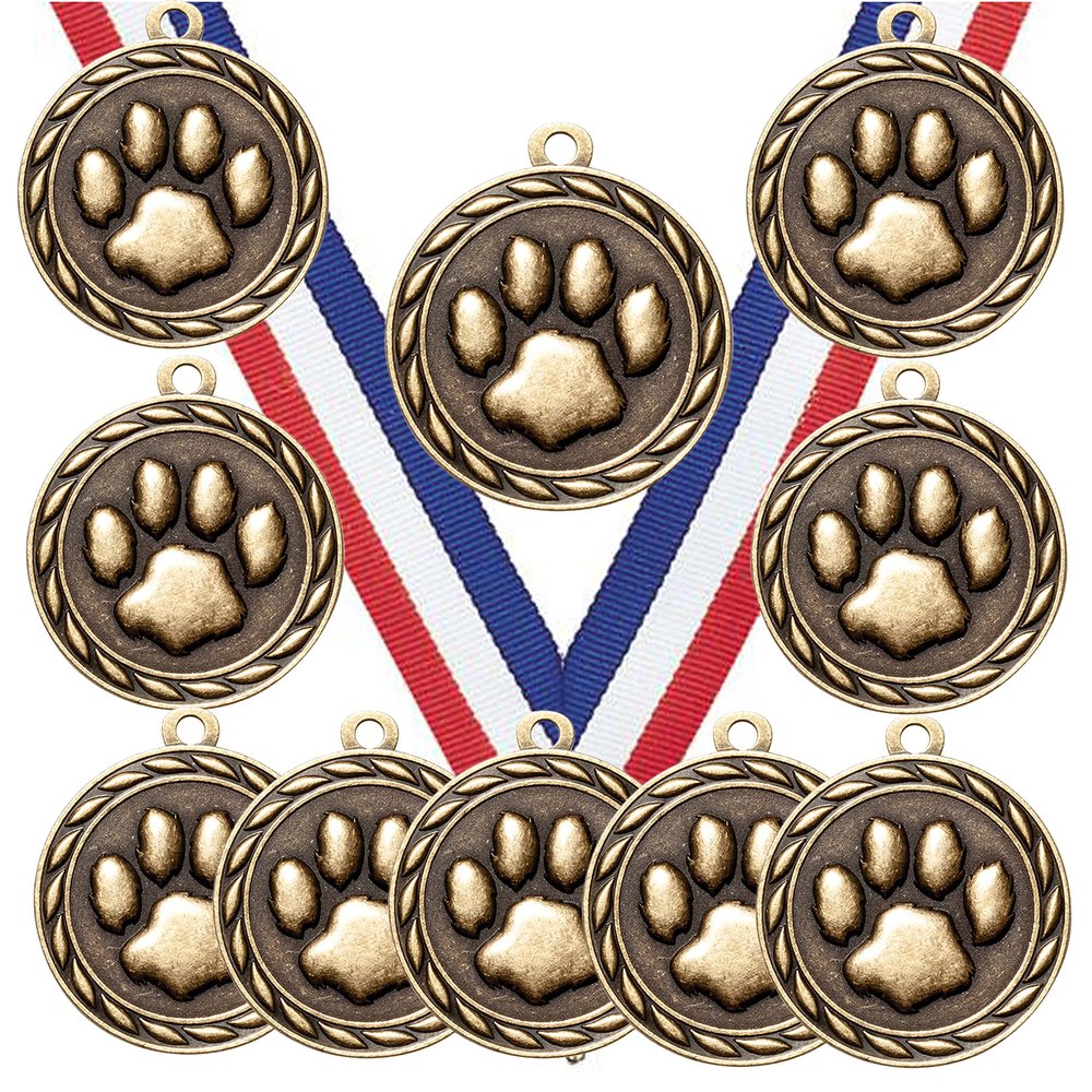 10 Pack of Mascot Paw Print Gold Medals Trophy Award with Neck Ribbons MA