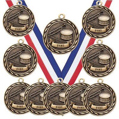 10 Pack of Band Music Gold Medals Trophy Award with Neck Ribbons MA