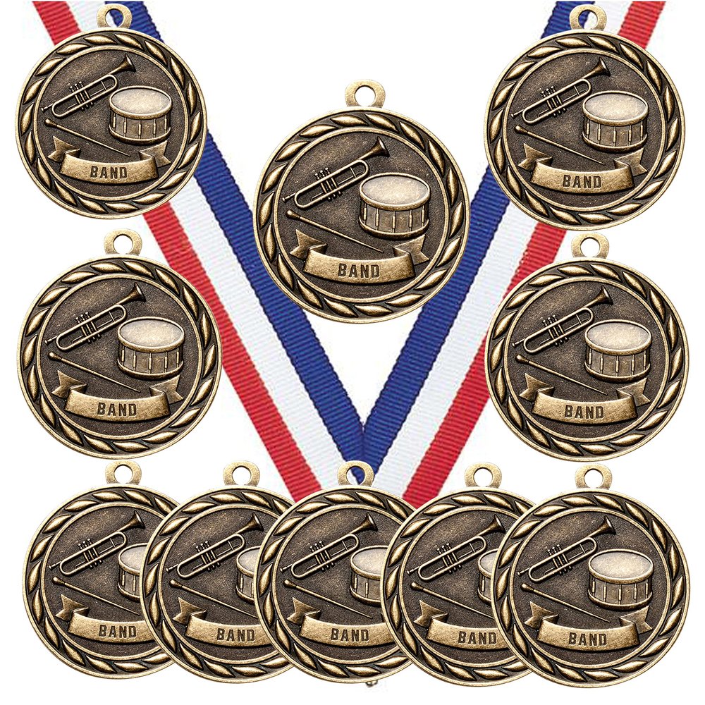 10 Pack of Band Music Gold Medals Trophy Award with Neck Ribbons MA