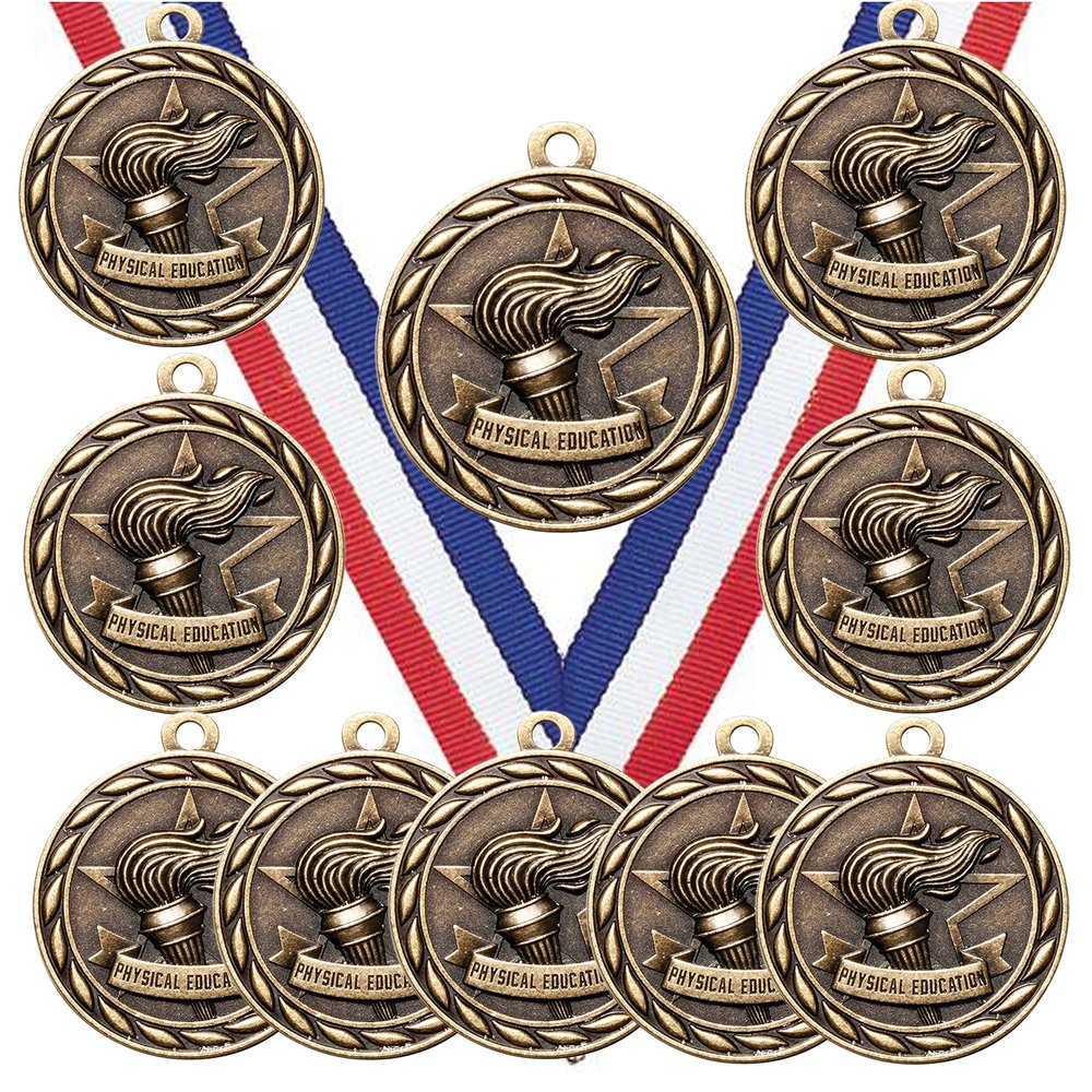10 Pack of Physical Education Gold Medals Trophy Award with Neck Ribbons MA