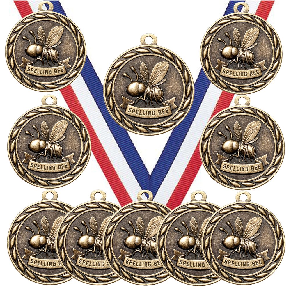 10 Pack of Spelling Bee Gold Medals Trophy Award with Neck Ribbons MA