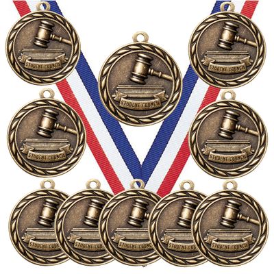 10 Pack of Student Council Gold Medals Trophy Award with Neck Ribbons MA