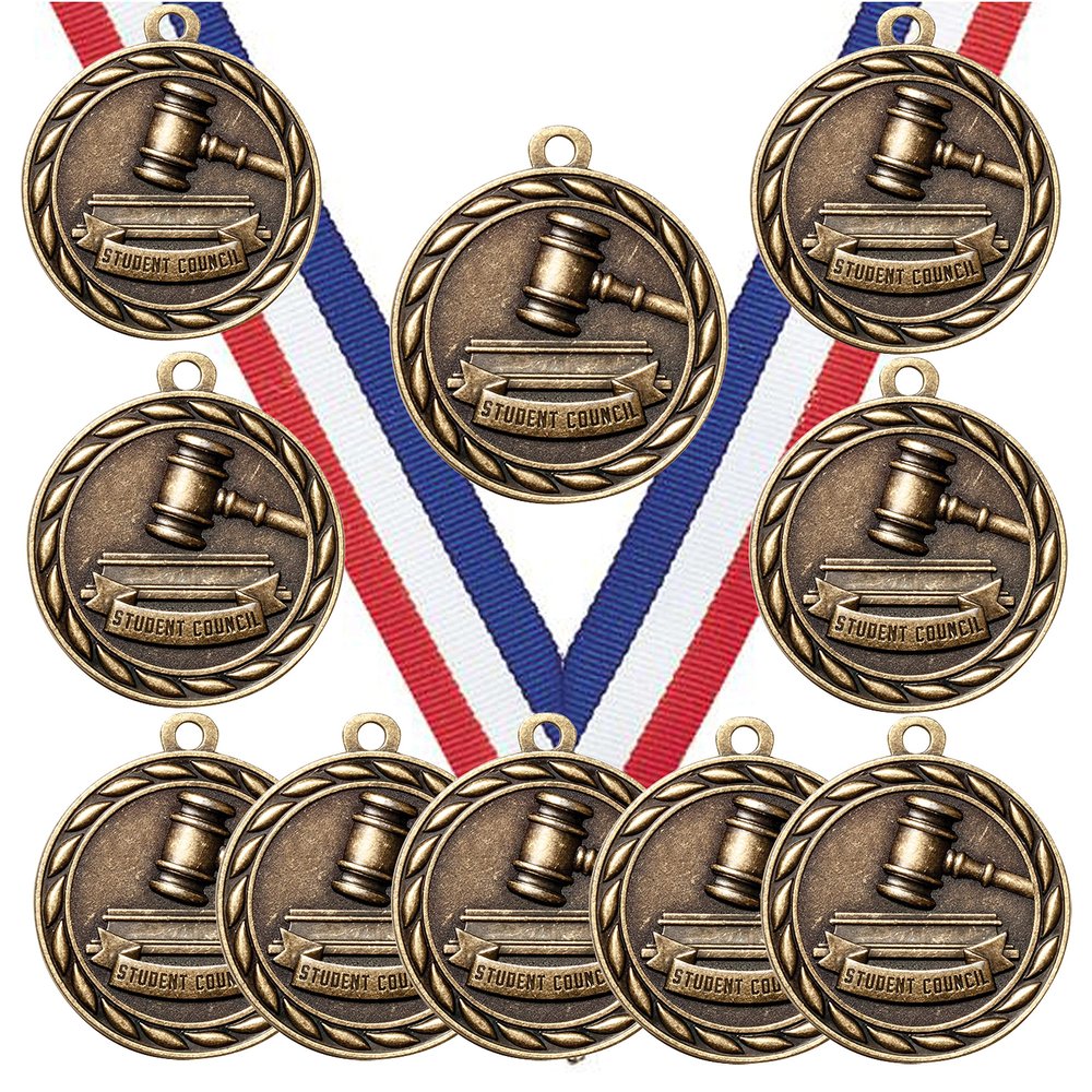 10 Pack of Student Council Gold Medals Trophy Award with Neck Ribbons MA