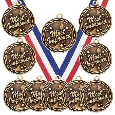10 Pack of Most Improved MIP Gold Medals Trophy Award with Neck Ribbons MA