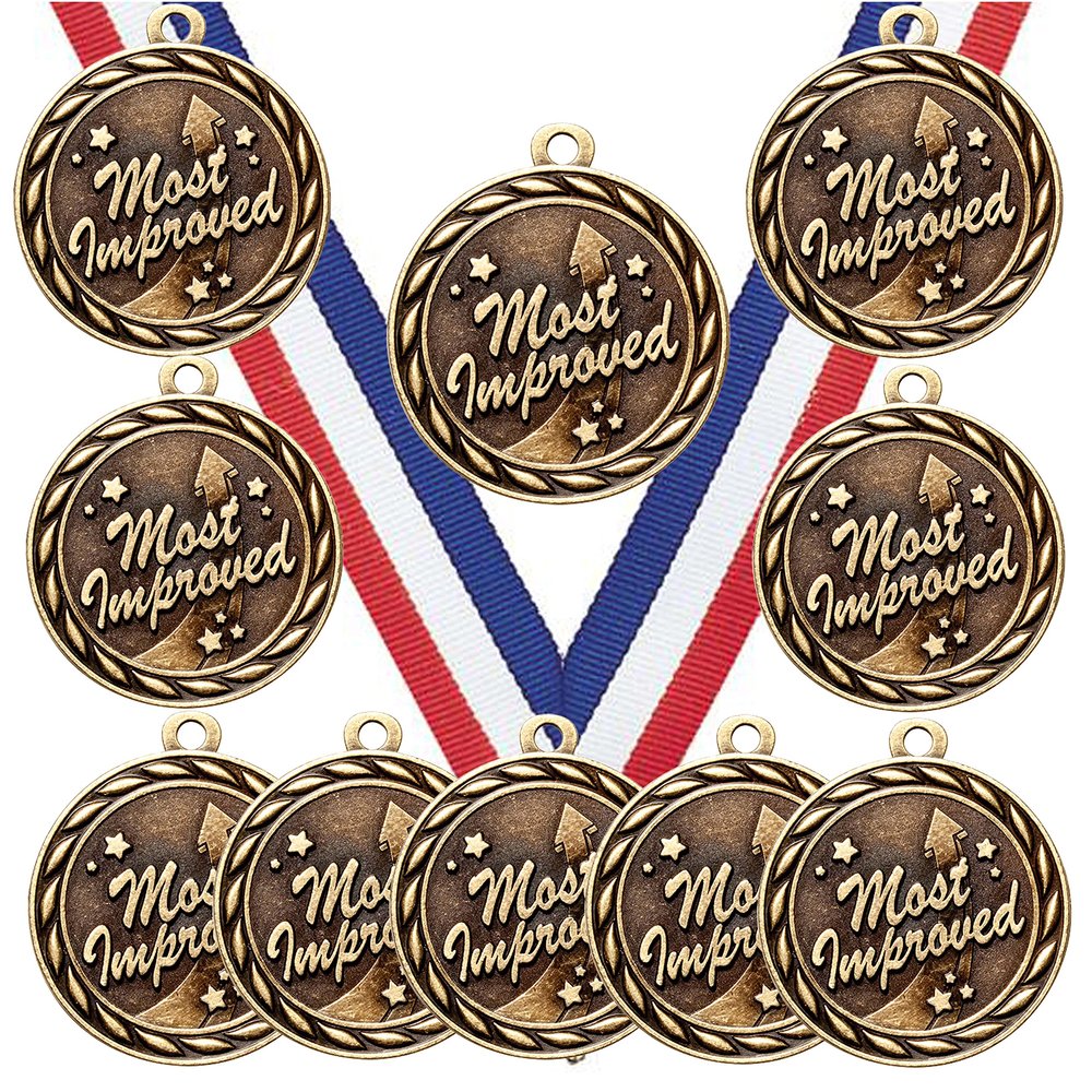 10 Pack of Most Improved MIP Gold Medals Trophy Award with Neck Ribbons MA
