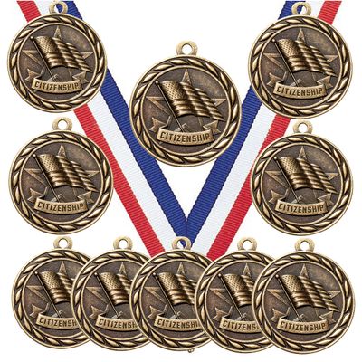 10 Pack of Citizenship Citizen Gold Medals Trophy Award with Neck Ribbons MA