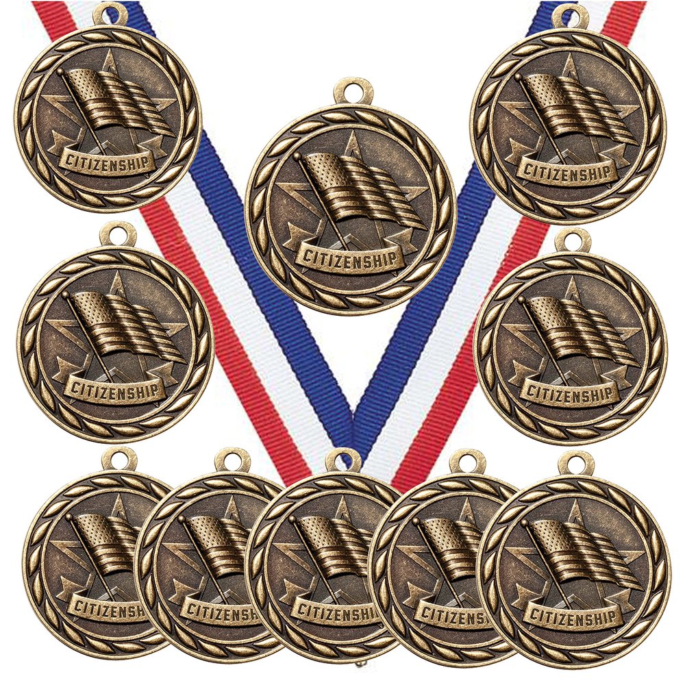 10 Pack of Citizenship Citizen Gold Medals Trophy Award with Neck Ribbons MA