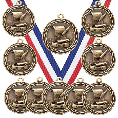 10 Pack of Writing Gold Medals Trophy Award with Neck Ribbons MA