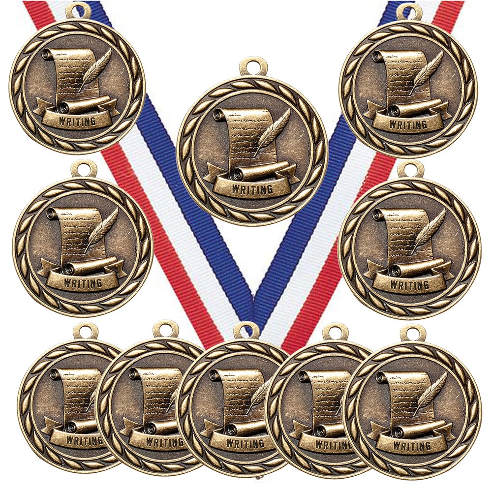 10 Pack of Writing Gold Medals Trophy Award with Neck Ribbons MA