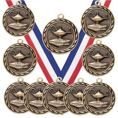 10 Pack of Scholastic Lamp of Knowledge Gold Medals Trophy Award with Neck Ribbons MA