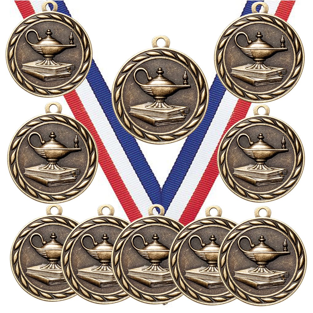 10 Pack of Scholastic Lamp of Knowledge Gold Medals Trophy Award with Neck Ribbons MA