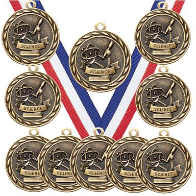 10 Pack of Science Fair Project Gold Medals Trophy Award with Neck Ribbons MA