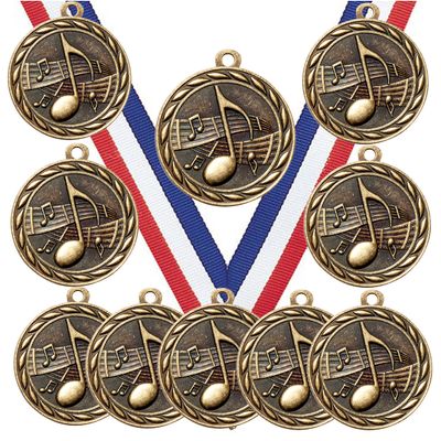 10 Pack of Music Gold Medals Trophy Award with Neck Ribbons MA