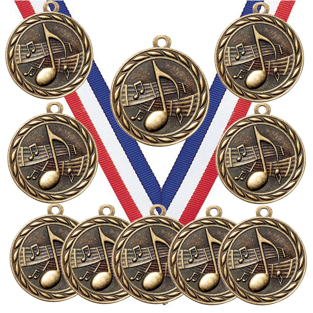 10 Pack of Music Gold Medals Trophy Award with Neck Ribbons MA