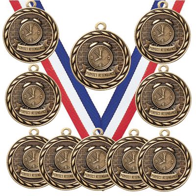 10 Pack of Perfect Attendance Gold Medals Trophy Award with Neck Ribbons MA