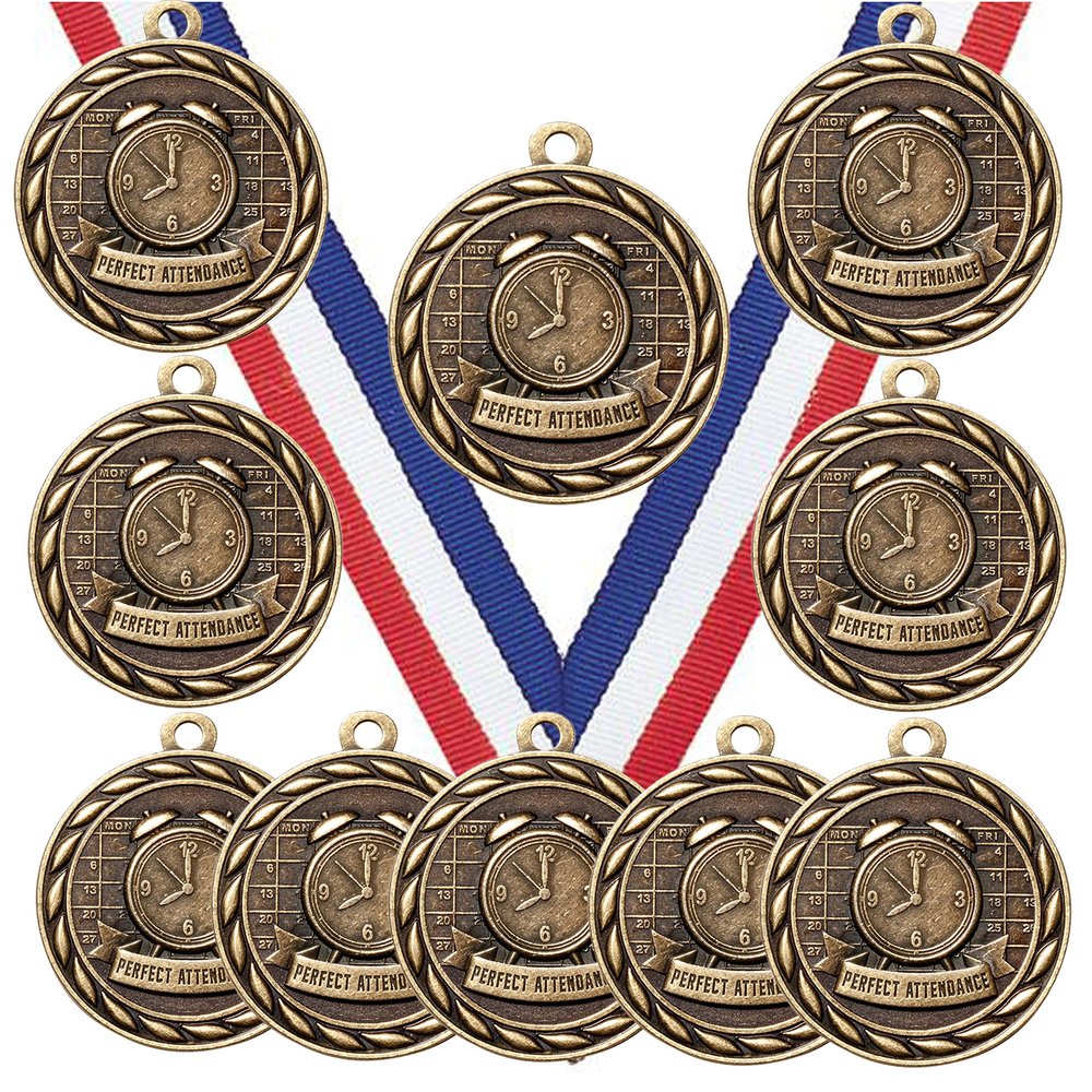 10 Pack of Perfect Attendance Gold Medals Trophy Award with Neck Ribbons MA