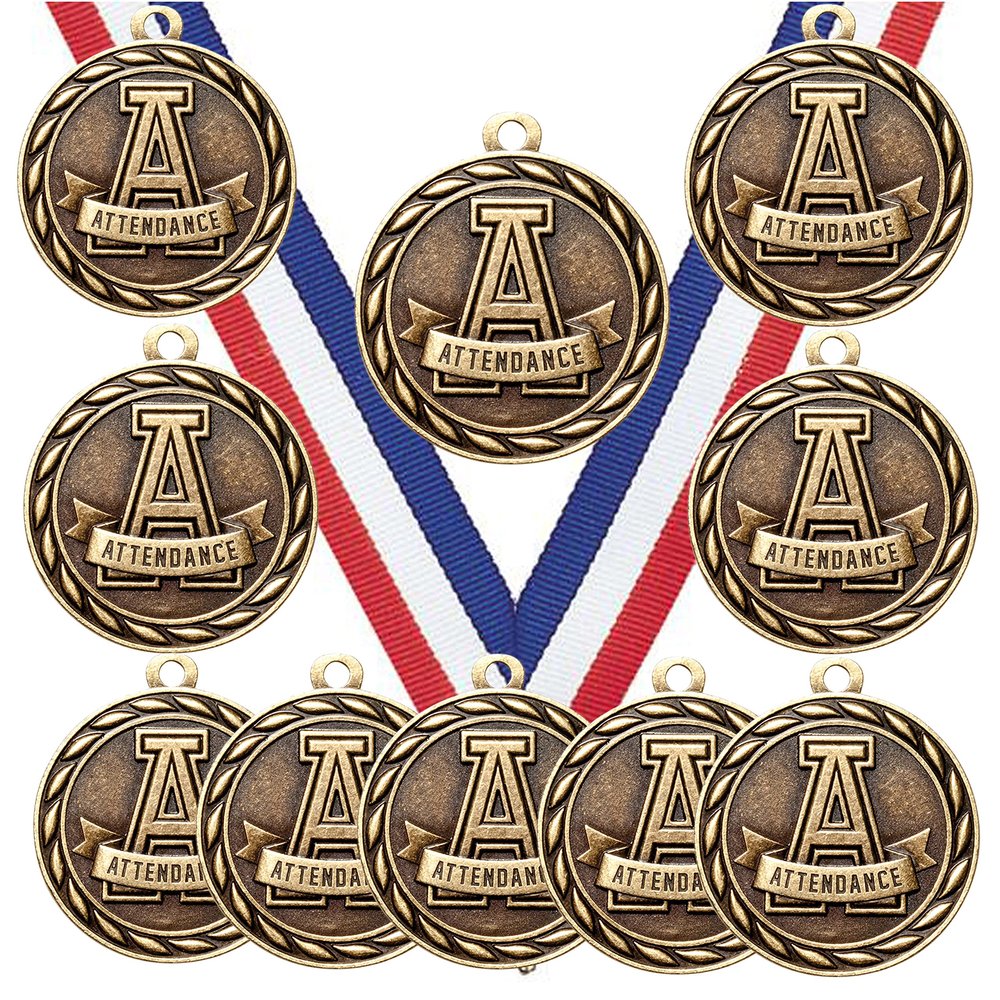 10 Pack of Attendance Gold Medals Trophy Award with Neck Ribbons MA