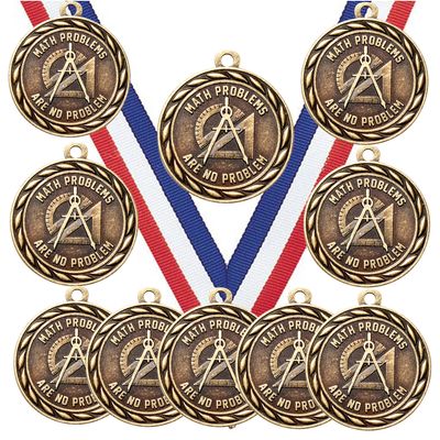 10 Pack of Math Problems Mathematics Gold Medals Trophy Award with Neck Ribbons MA