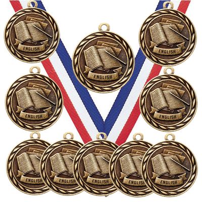 10 Pack of English Reading Writing Gold Medals Trophy Award with Neck Ribbons MA