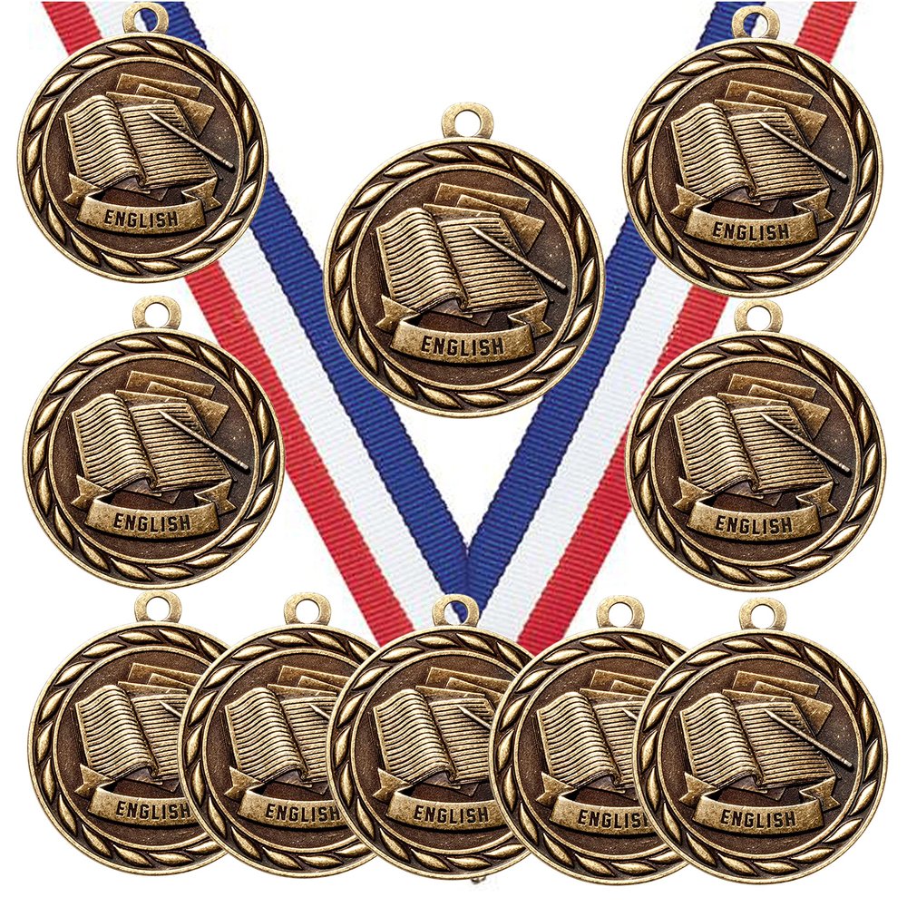 10 Pack of English Reading Writing Gold Medals Trophy Award with Neck Ribbons MA