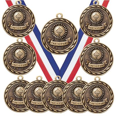 10 Pack of Participant Participation Gold Medals Trophy Award with Neck Ribbons MA