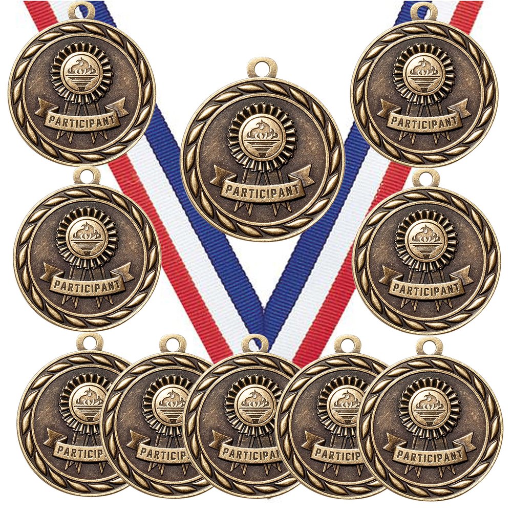 10 Pack of Participant Participation Gold Medals Trophy Award with Neck Ribbons MA